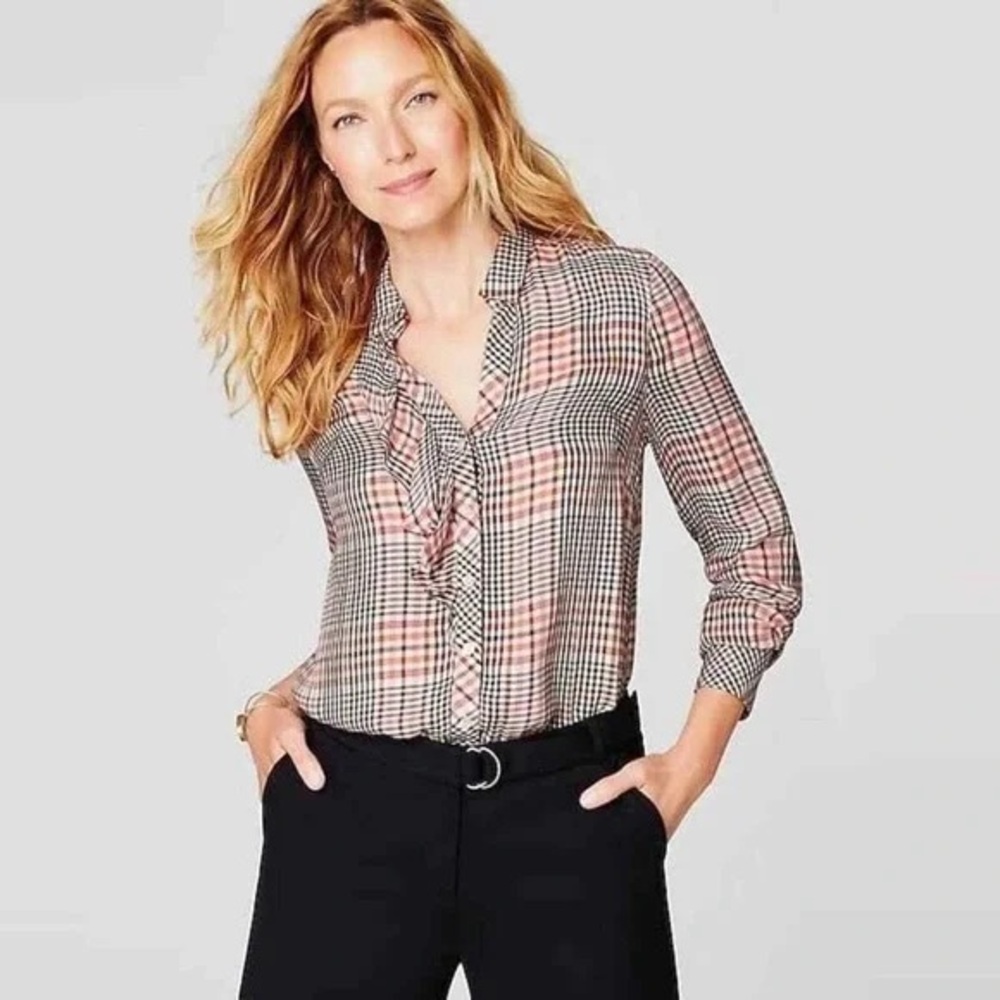 J. Jill Pink and Black Plaid Ruffle-Front Blouse